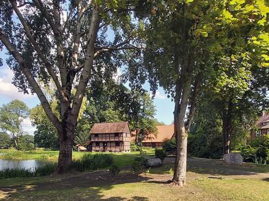 Teich in der Natur mit einem Haus am Ufer.
