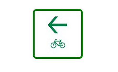 Viereckiges Schild mit grünem Pfeil und Fahrrad auf weißen Hintergrund.