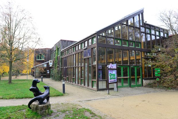 Eingangsbereich aus Holz und Glas mit Otterstatur im Otter-Zentrum.